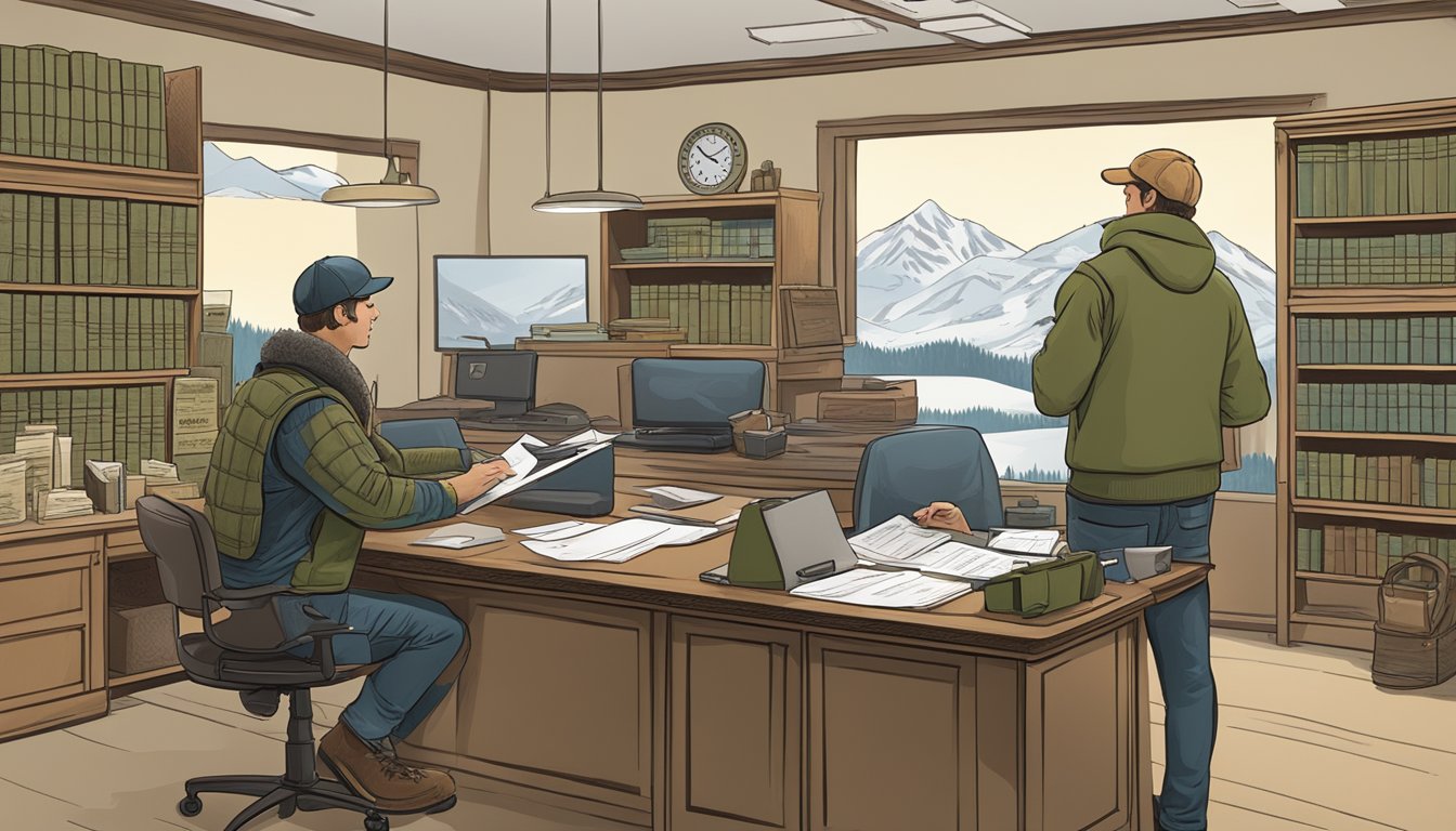 A hunter filling out a form at a government office, while a clerk explains the hunting regulations in Alaska