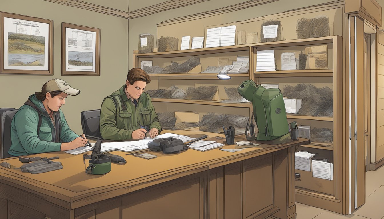 A hunter filling out forms at a Florida wildlife office, with a clerk assisting and various hunting equipment displayed on the walls