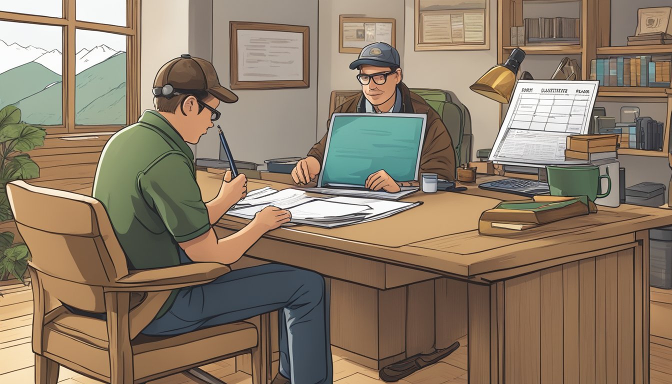 A person filling out a hunting license application at a desk with a knowledgeable guide explaining the process