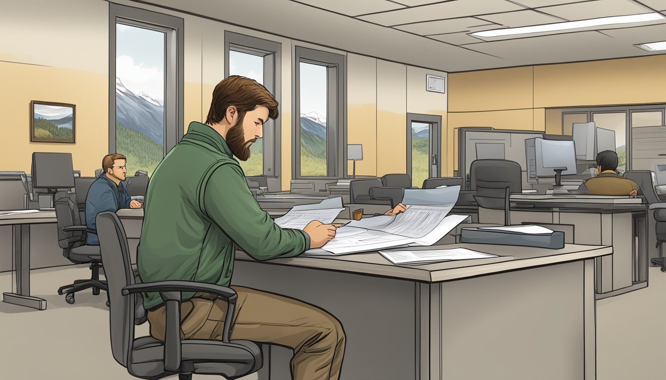 A person filling out a hunting license application at a government office in Alaska