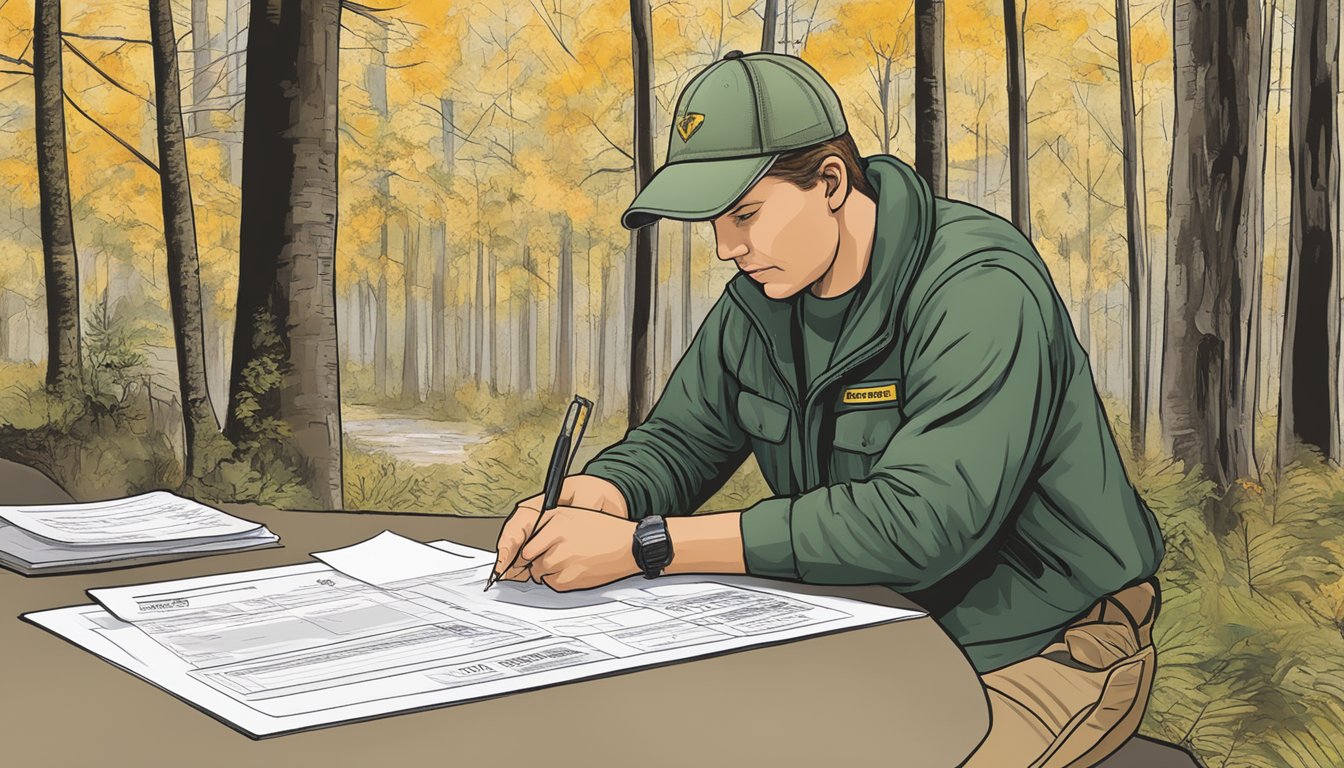 A person filling out a hunting license application at a Delaware Department of Natural Resources and Environmental Control office