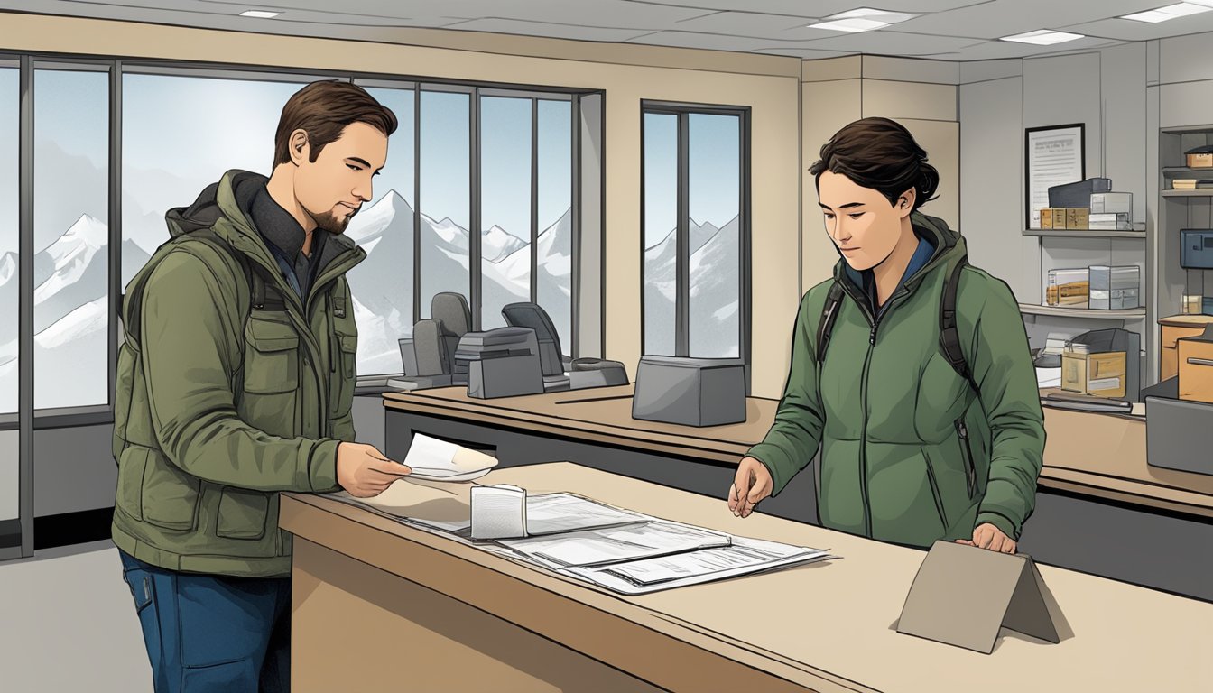 A person standing at a government office counter, handing over paperwork and receiving a hunting license in Alaska