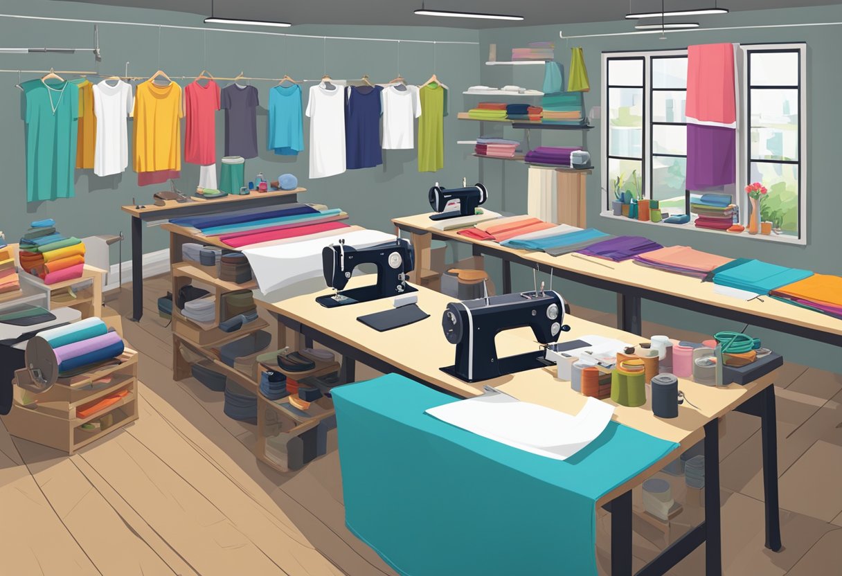 A bustling workshop with colorful fabric rolls, sewing machines, and a design board displaying custom t-shirt designs