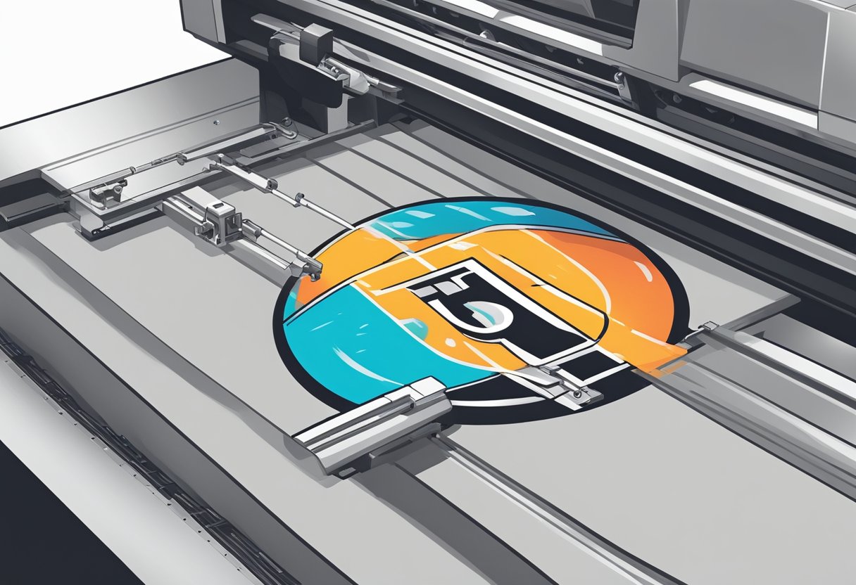 A custom t-shirt company logo being printed onto a blank t-shirt using a screen printing machine