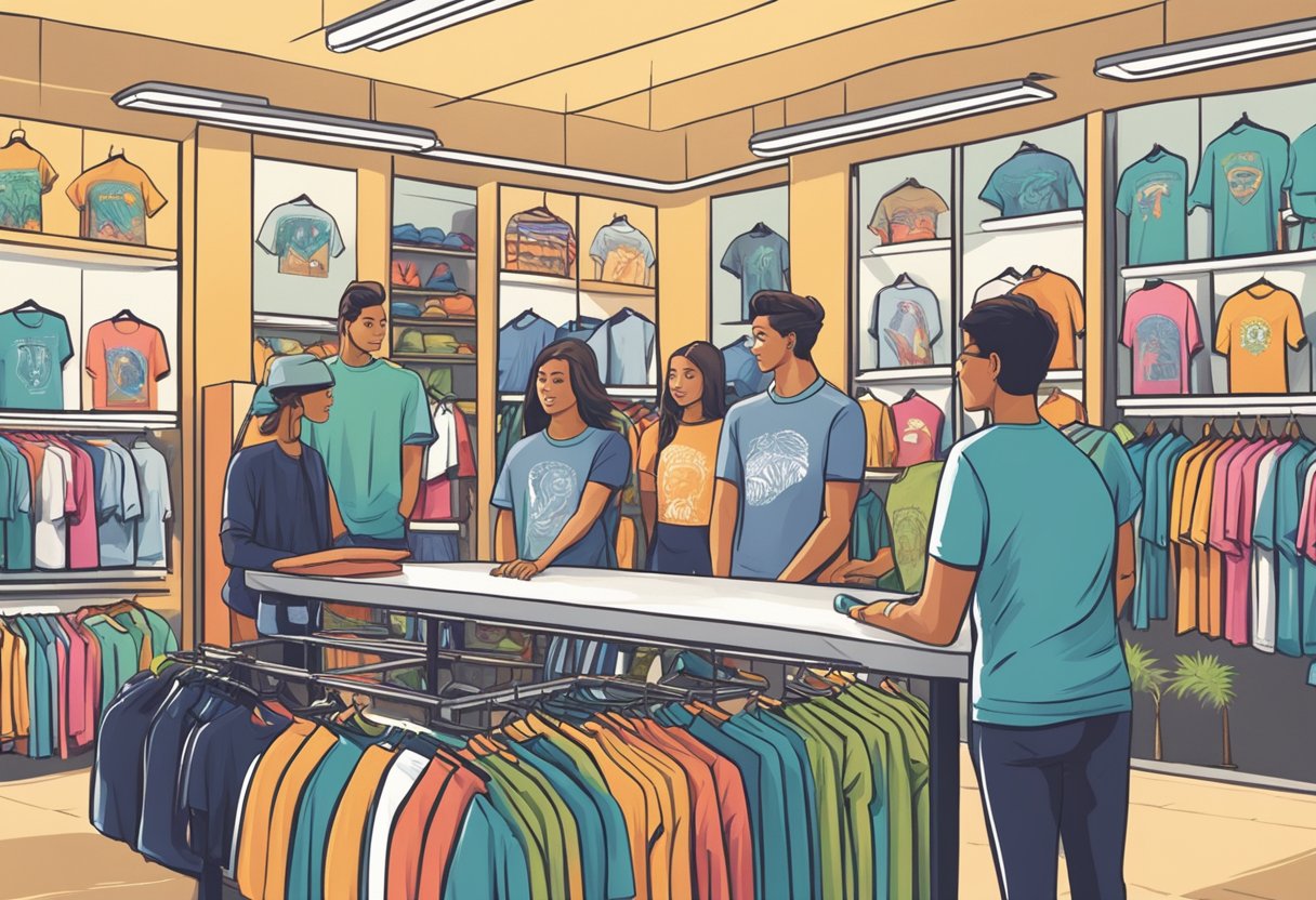 A group of people browsing through a variety of custom t-shirt designs displayed on racks in a brightly lit and modern-looking store