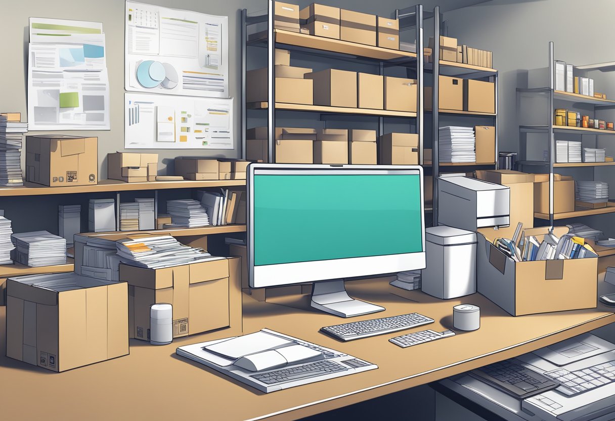 A cluttered desk with a computer, printer, and shelves of product inventory. Boxes and packaging materials are scattered around the room