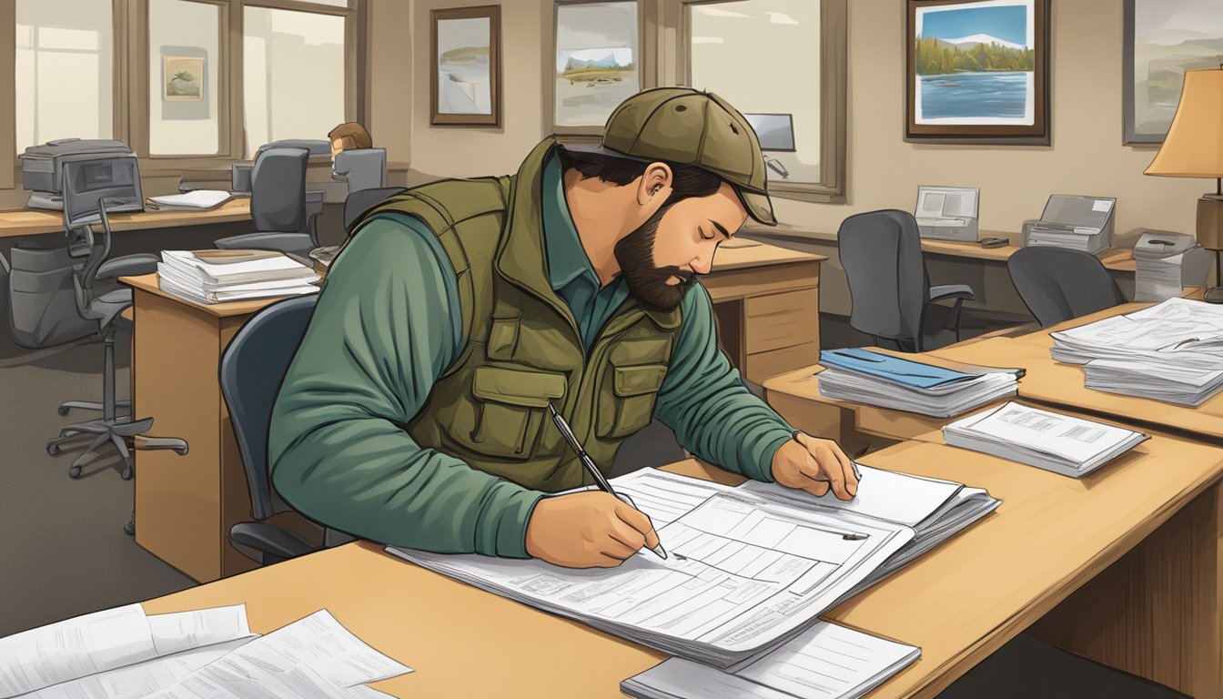 A hunter filling out a form at a state wildlife agency office