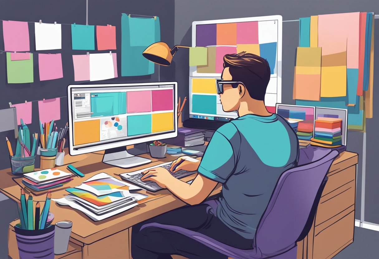 A graphic designer at a computer, surrounded by colorful fabric swatches and sketching custom t-shirt designs