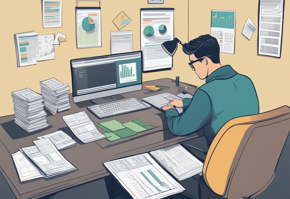 A person sitting at a desk with a computer, surrounded by financial documents, pricing charts, and a calculator. The person is focused on organizing and planning for a print on demand business