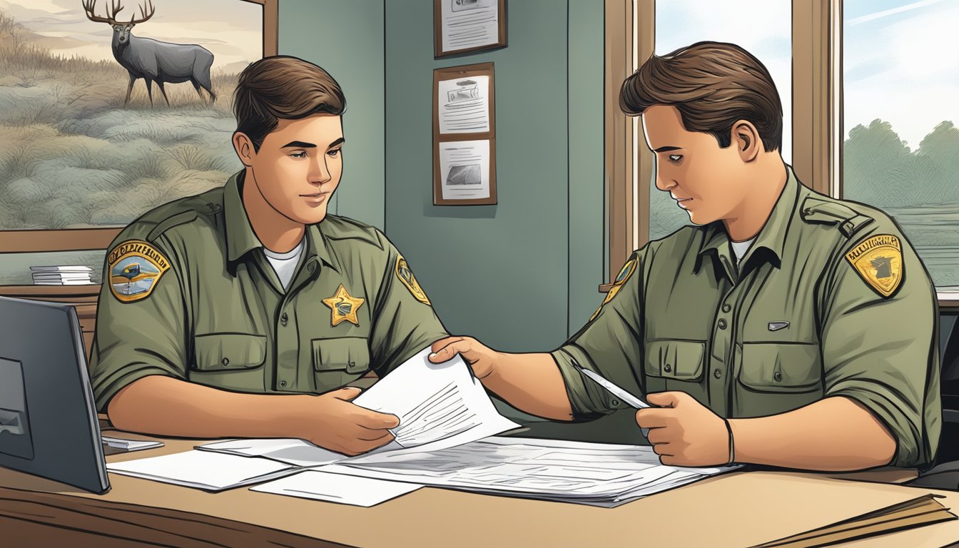 A hunter filling out paperwork at a government office, with a wildlife officer explaining the process and regulations for obtaining a hunting license in Alabama