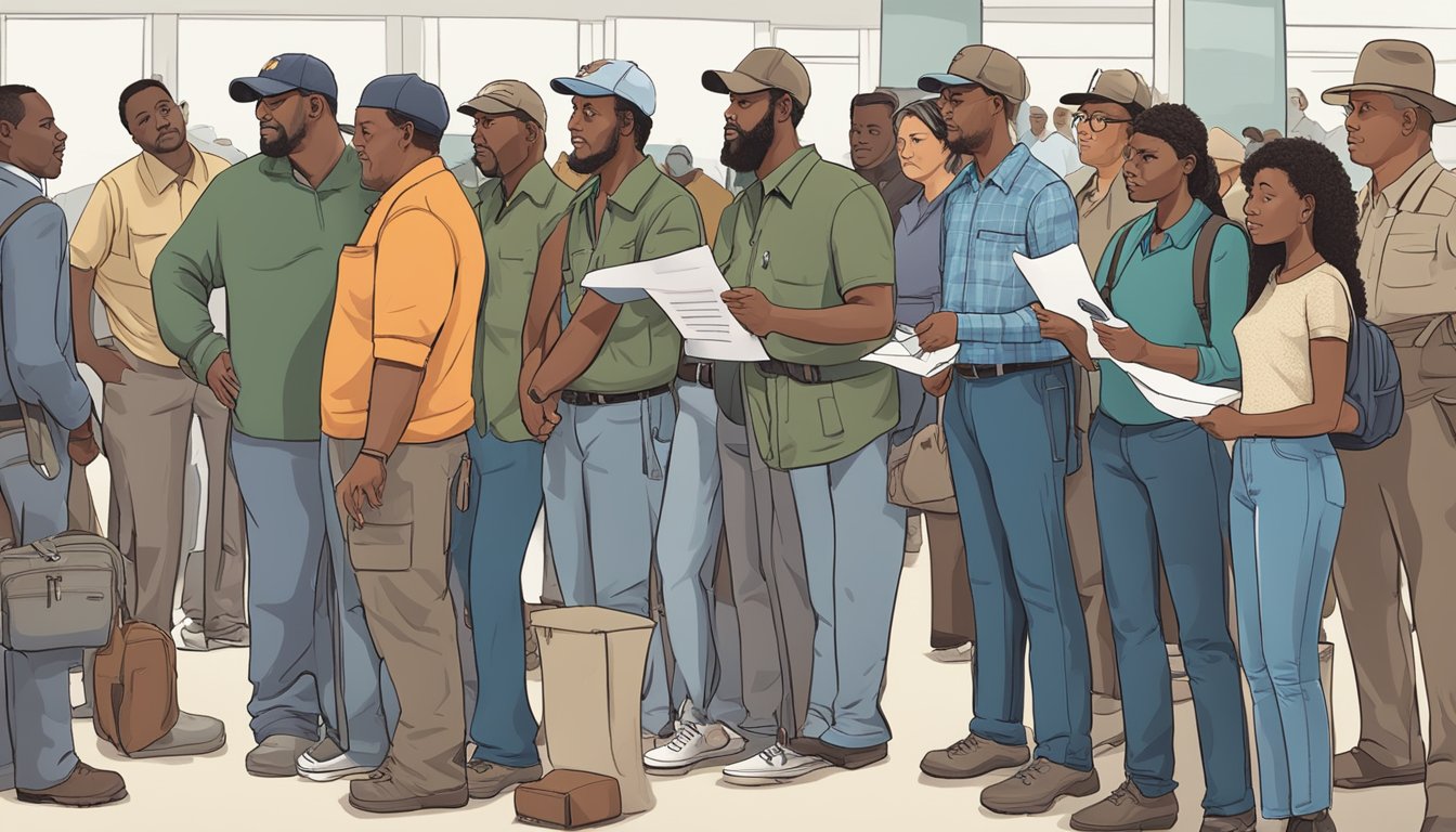 A diverse group of people wait in line at a government office, filling out paperwork and speaking with officials to obtain hunting licenses in Alabama