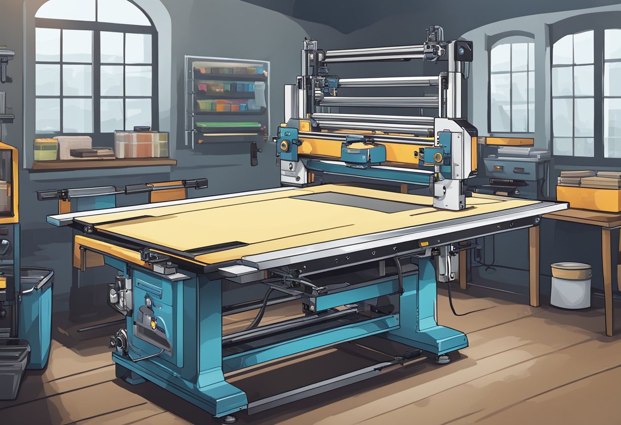 A screen printing machine in a workshop with various material options and custom t-shirt designs displayed on a wall