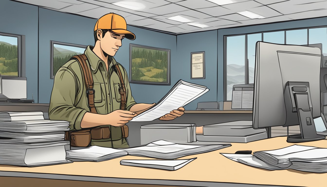 A hunter holding a guidebook and filling out a hunting license application at a government office counter