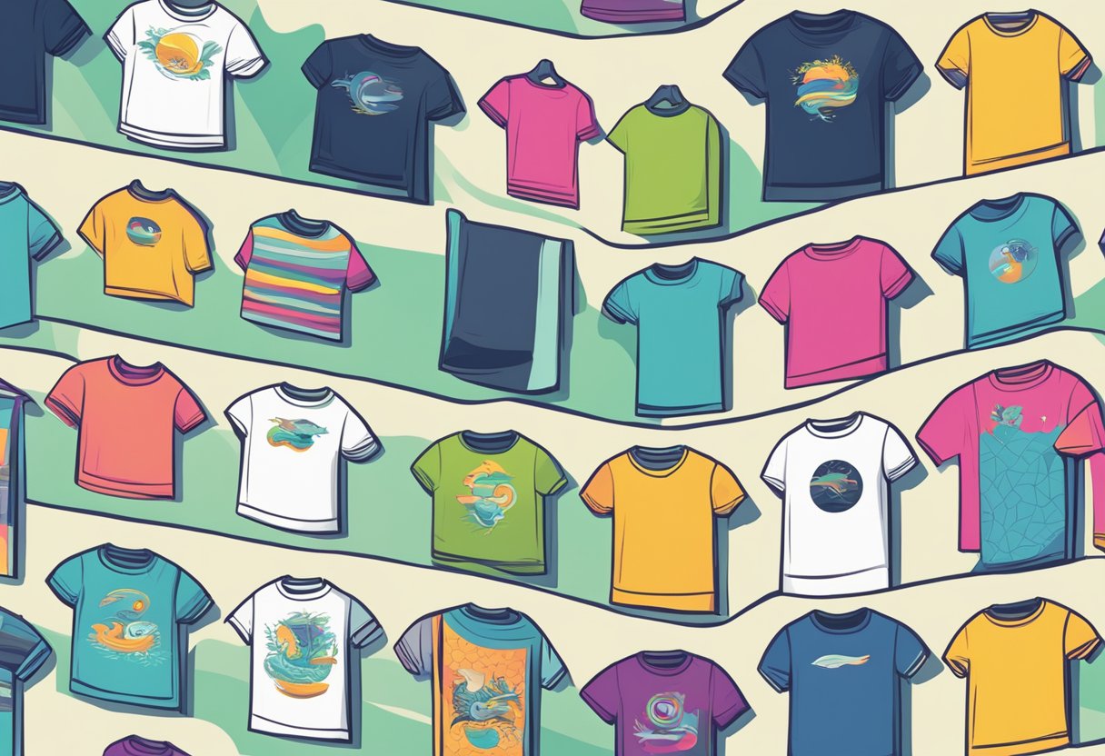 A vibrant website with various t-shirt designs displayed on a digital platform, showcasing different styles and color options for customers to choose from