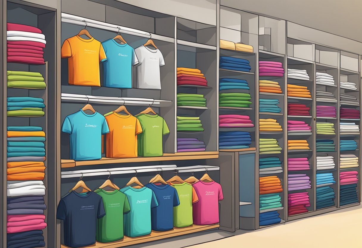 A stack of custom t-shirts in various colors and sizes, neatly organized on shelves, with a price list displayed nearby