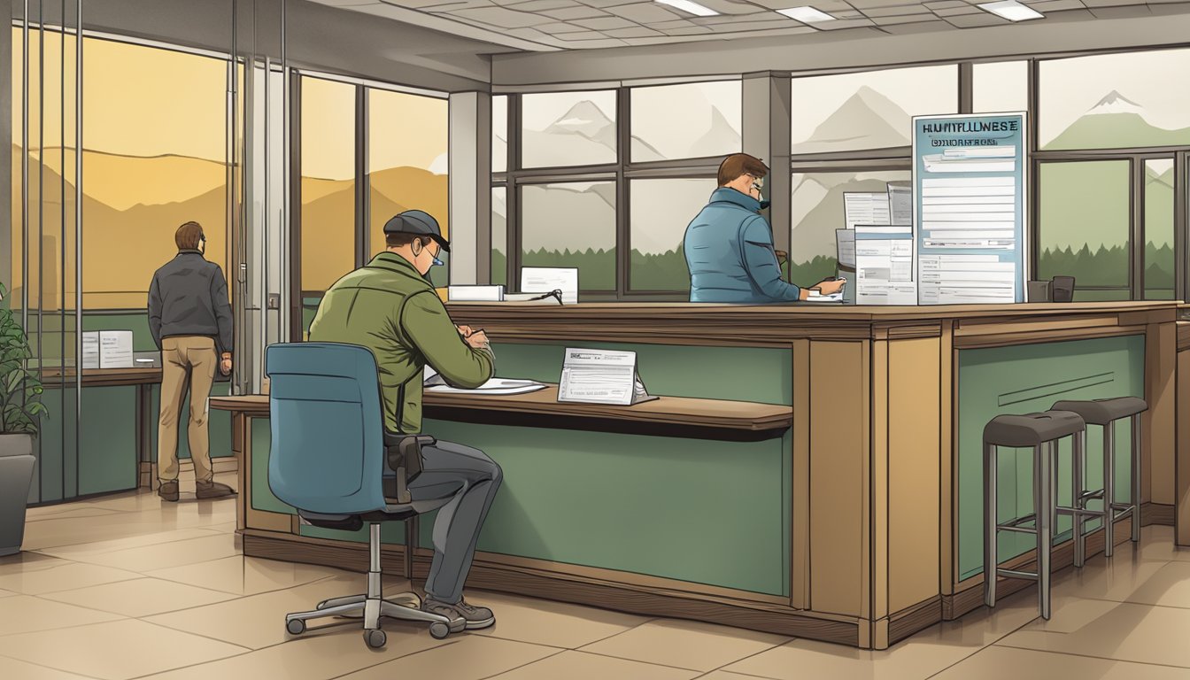 A person filling out a hunting license application at a government office counter