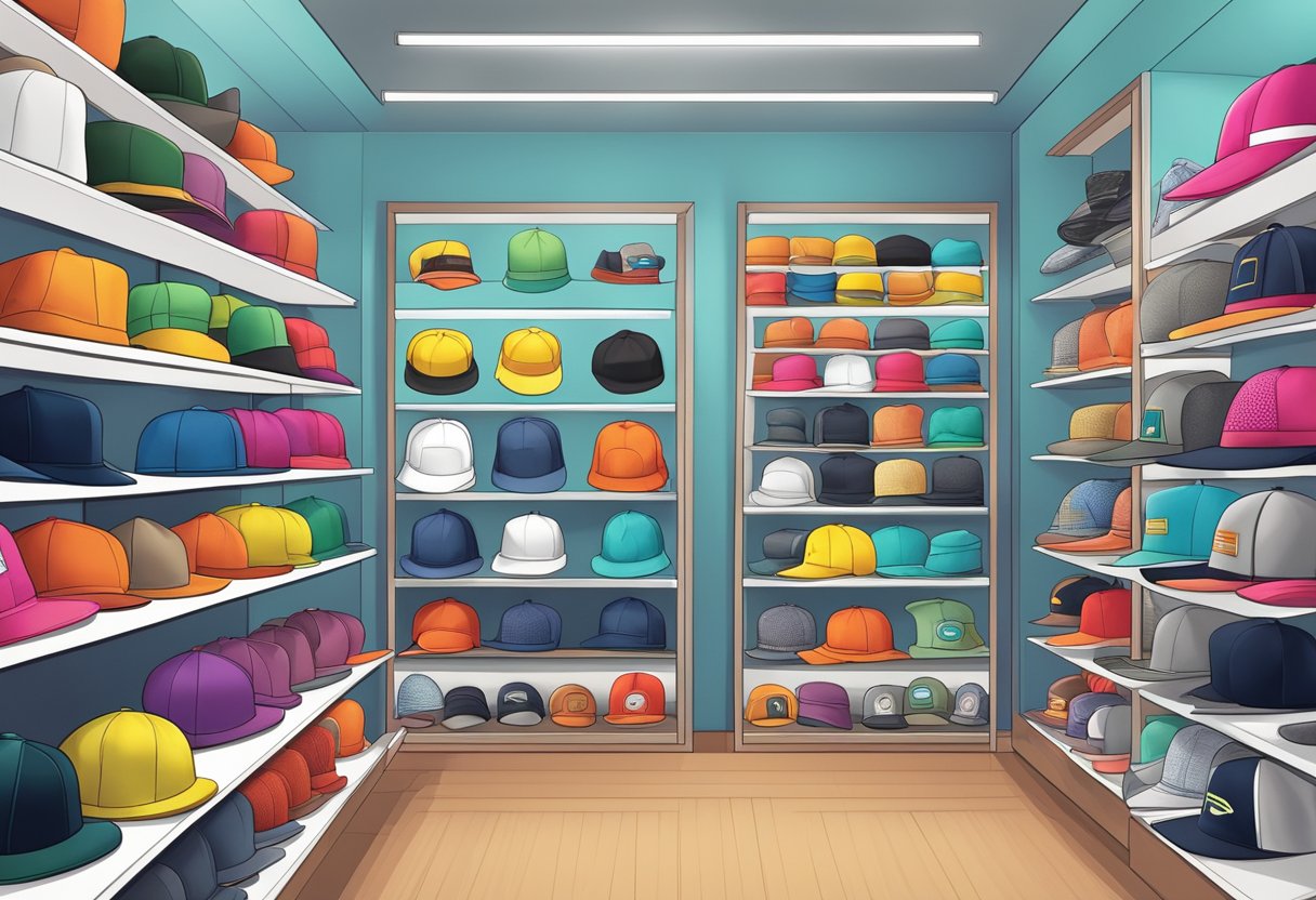 A colorful array of custom merchandise, from hats to phone cases, displayed on sleek shelves in a modern storefront