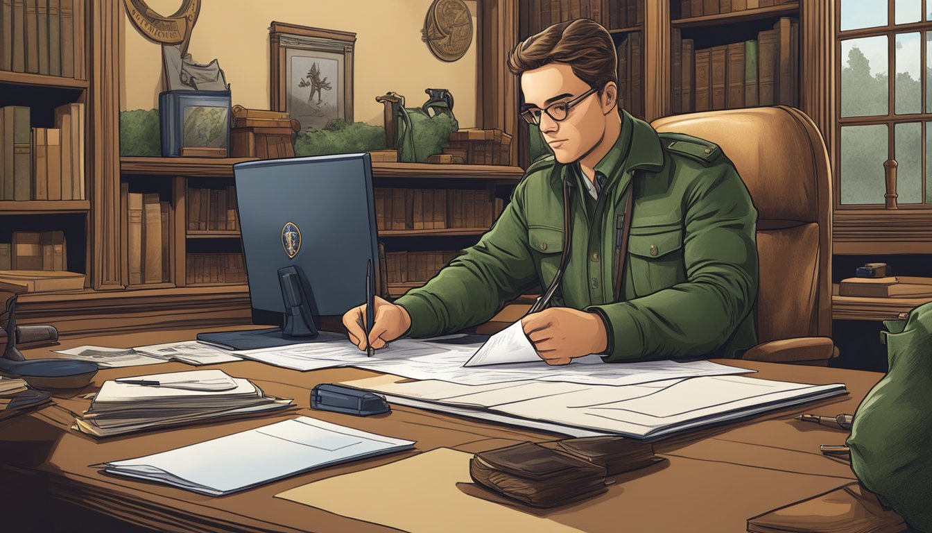 A hunter filling out paperwork at a desk with a state emblem in the background