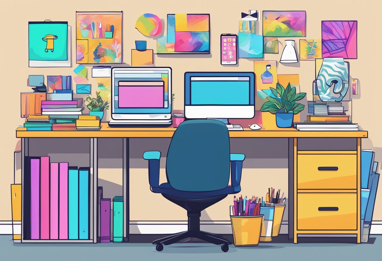 A computer with a colorful array of t-shirt designs displayed on the screen, surrounded by art supplies and inspirational images