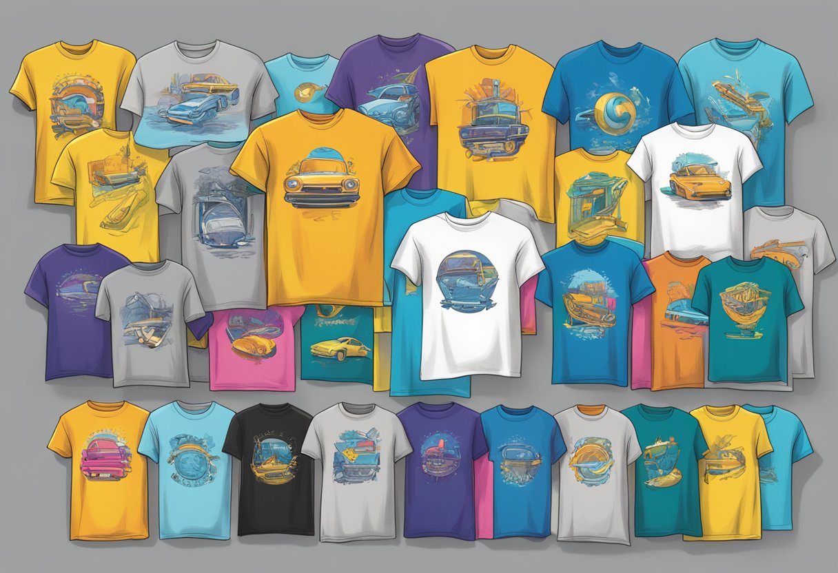 A group of vibrant custom t-shirts arranged in a visually appealing display, showcasing various designs and colors to maximize their impact