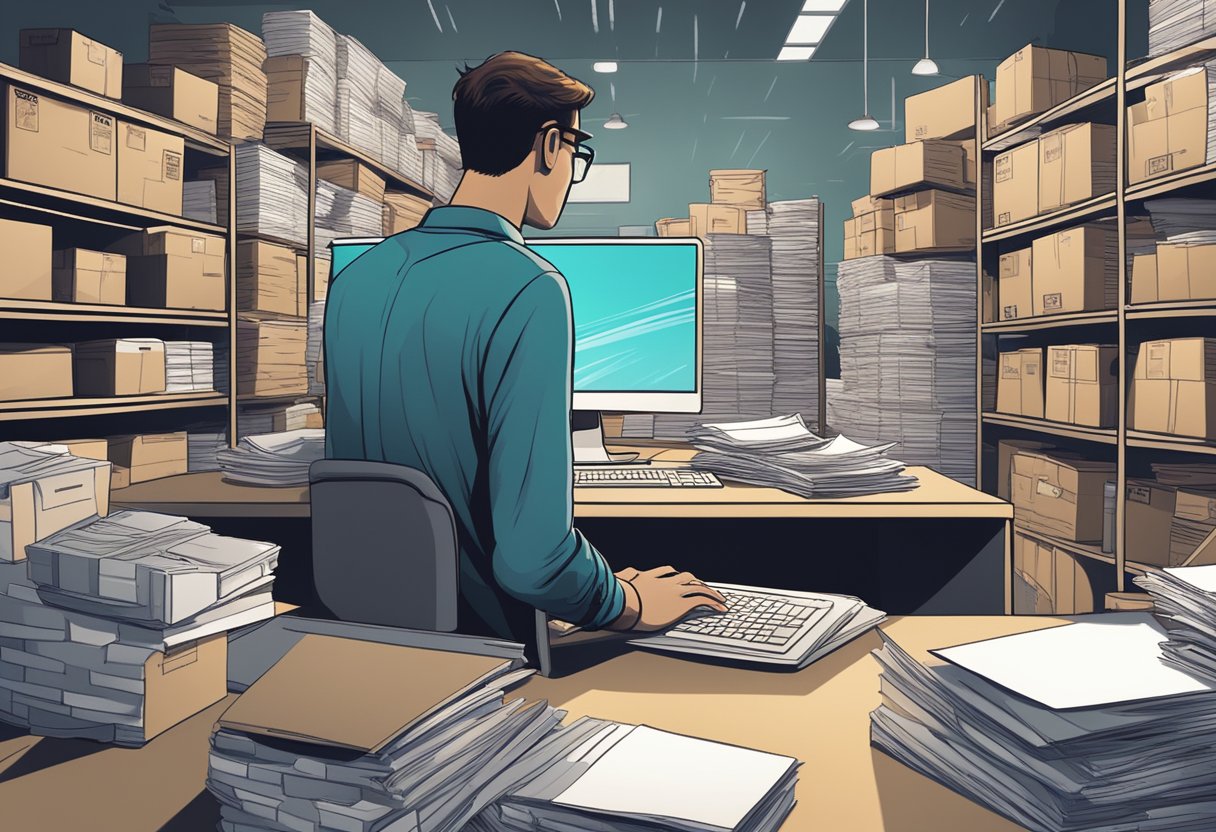 A person at a computer, surrounded by stacks of printed merchandise and shipping supplies, with a sense of determination and focus