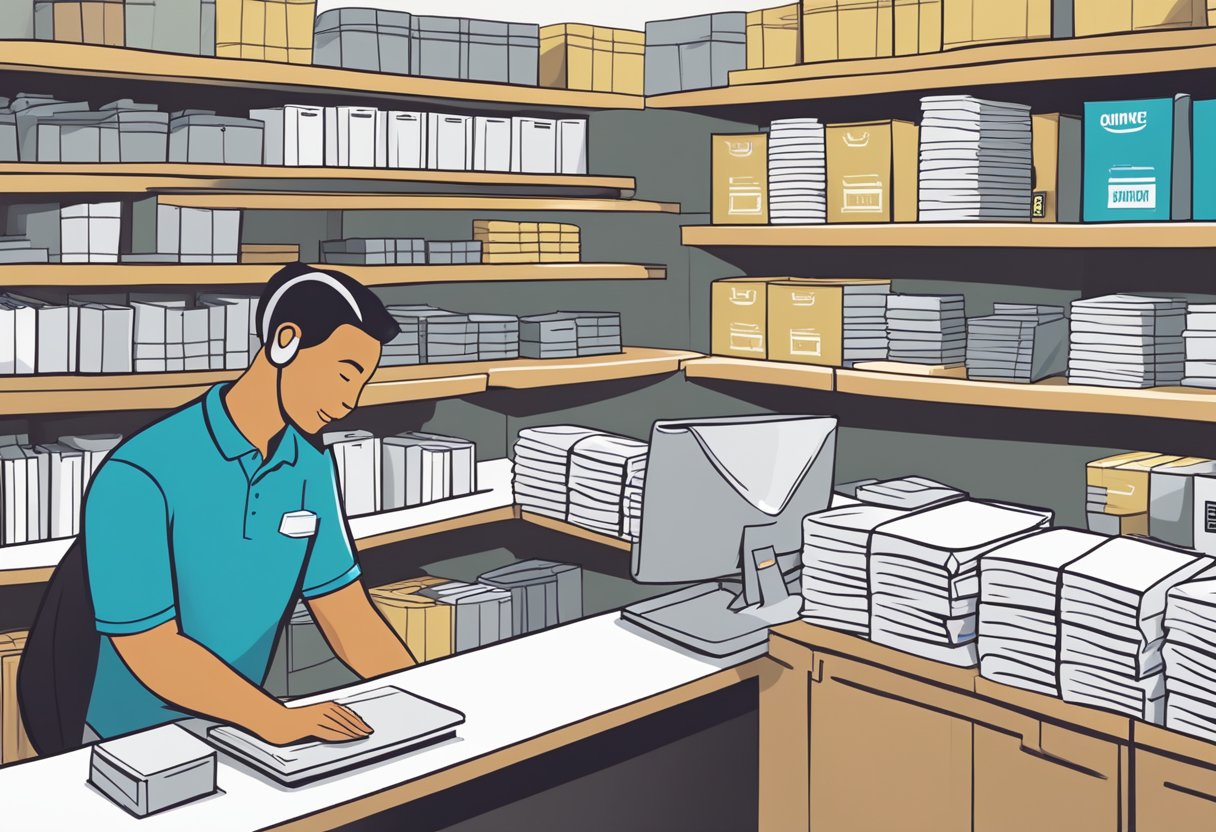 A customer service representative assisting a client with a smile, surrounded by shelves of neatly folded custom t-shirts and a sign displaying the company's guarantees