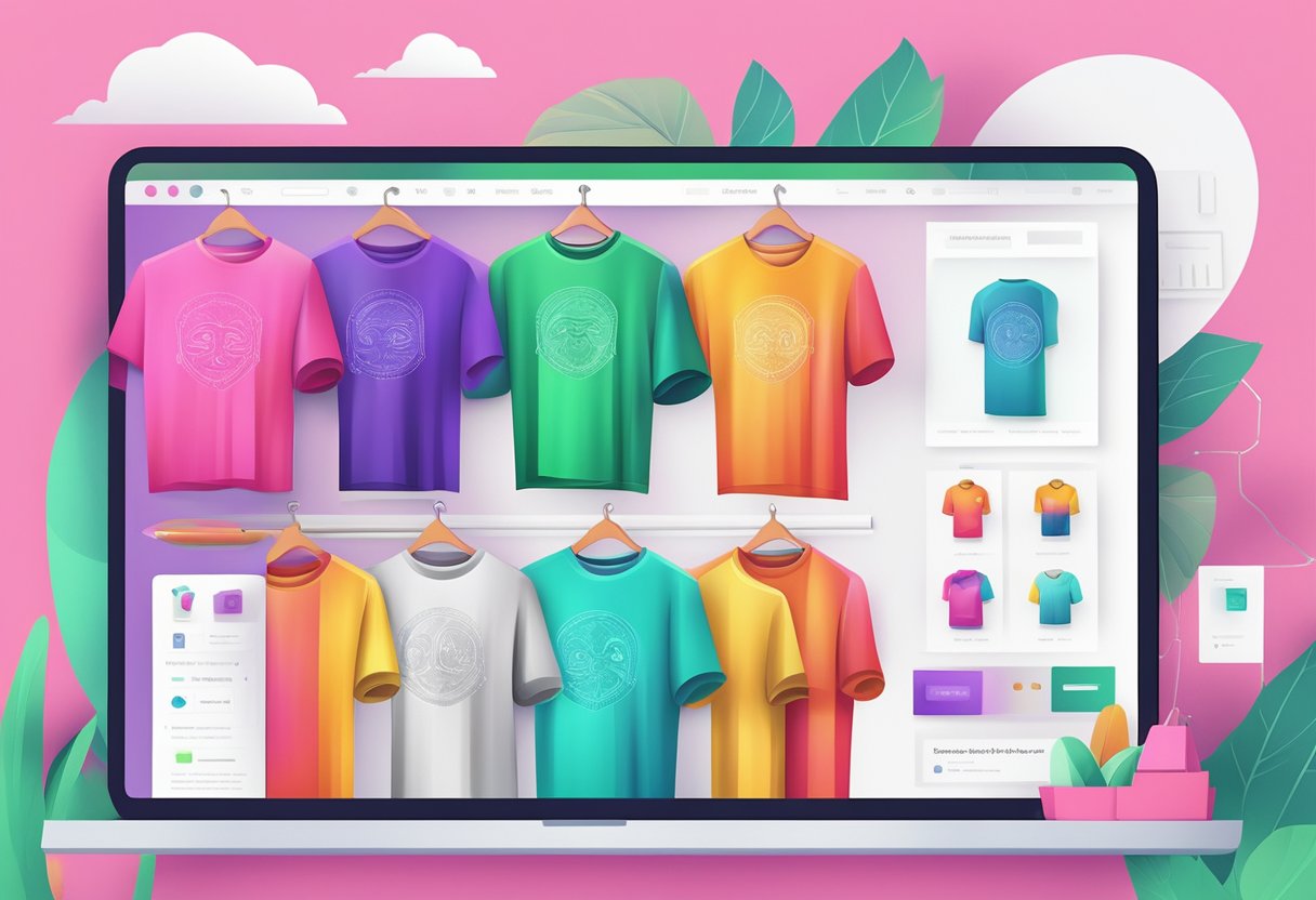 A computer screen displaying a vibrant, eye-catching t-shirt design website with various color options and design templates