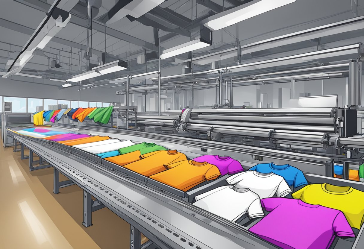 A colorful array of t-shirts being printed and packaged in a modern production facility