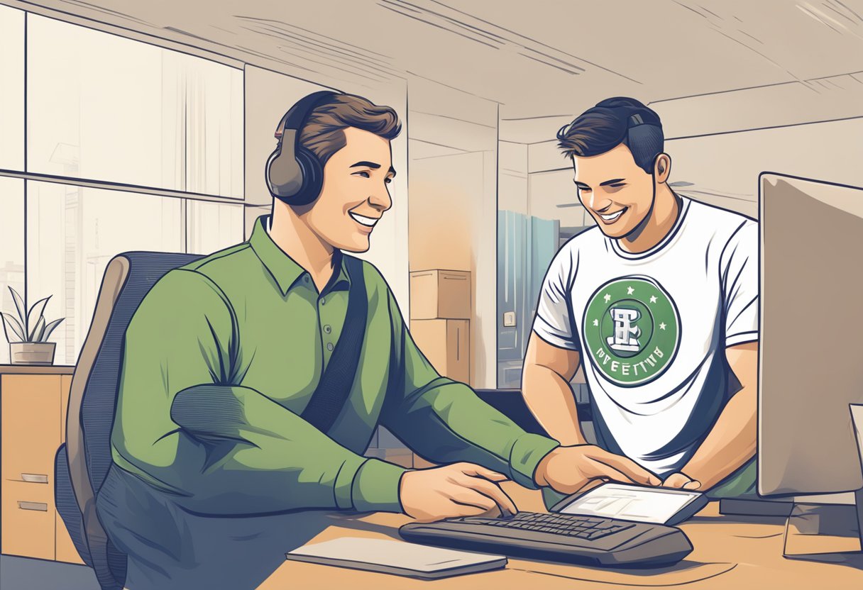 A customer service representative assisting a satisfied customer with a t-shirt design website