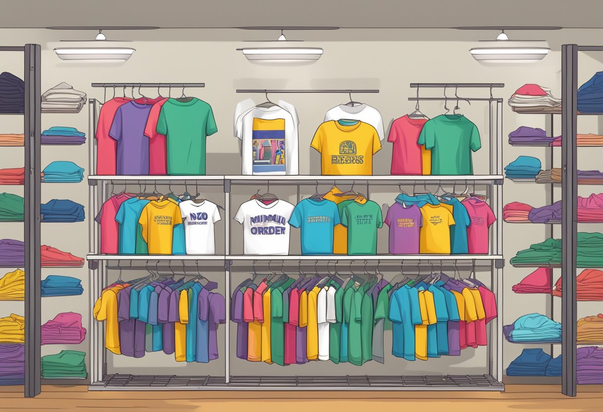 A colorful array of t-shirts in various designs and sizes, neatly arranged on display racks, with a prominent sign indicating "No Minimum Order Requirements."