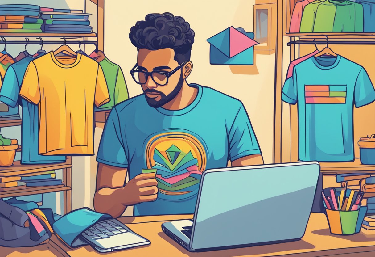 A laptop surrounded by colorful t-shirt designs, with a user browsing a website for t-shirt designs and FAQs