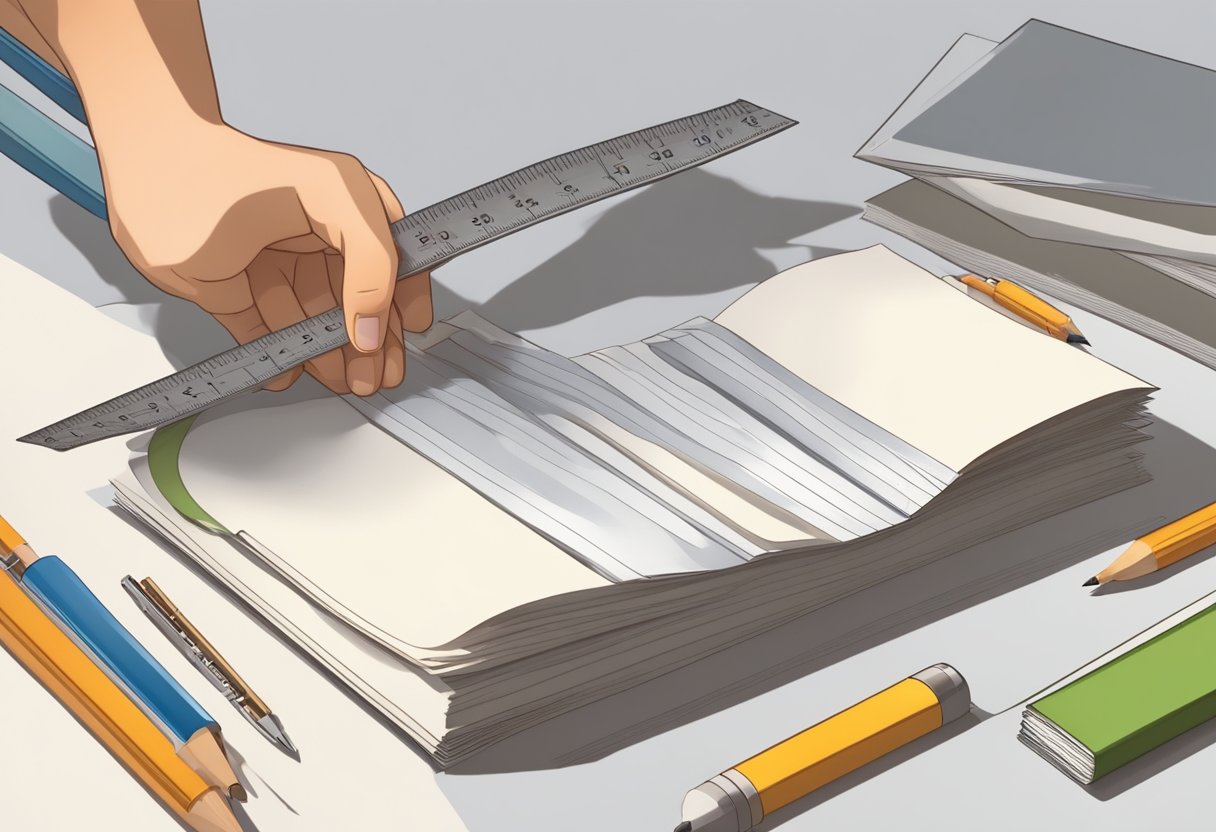 A hand holding a stack of paper, scissors, and glue. A ruler and pencil lie nearby. Pages are folded and bound together