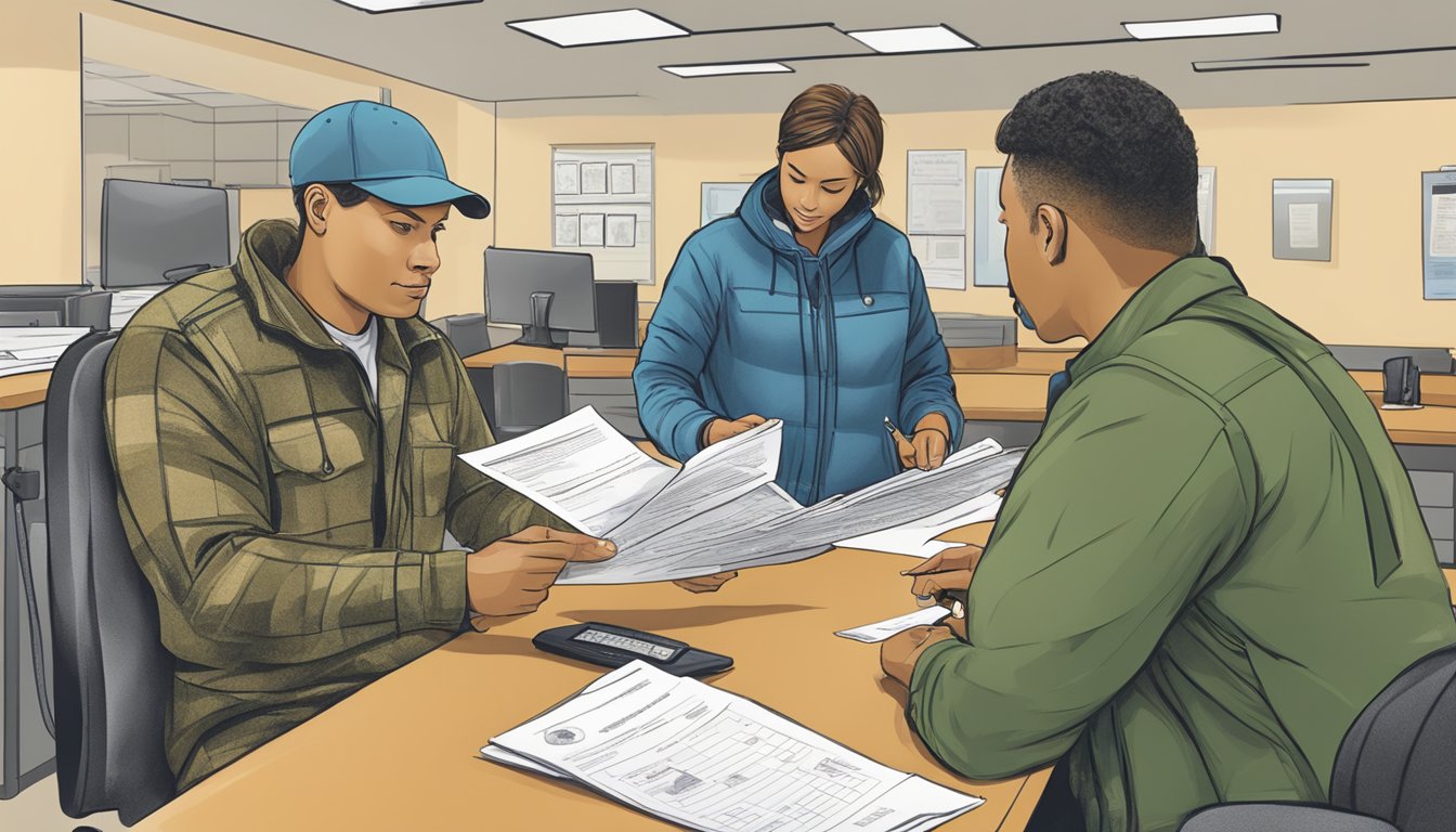 A person filling out a hunting license application at a Maryland Department of Natural Resources office, with a clerk assisting