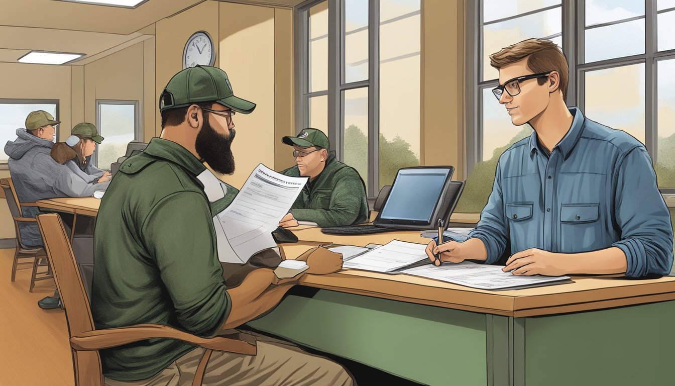 A hunter filling out a hunting license application at a Maryland Department of Natural Resources office