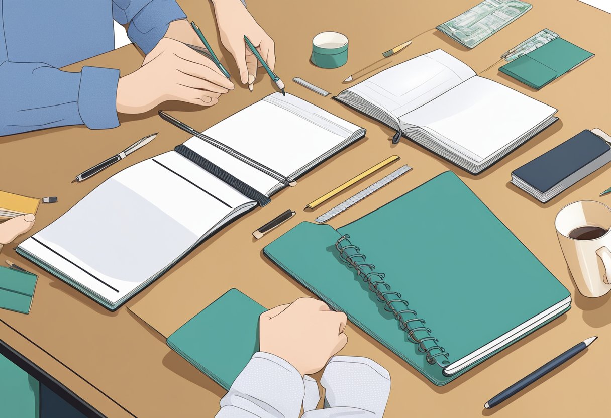 A pair of hands assembling a notebook with paper, cover, and binding materials laid out on a table