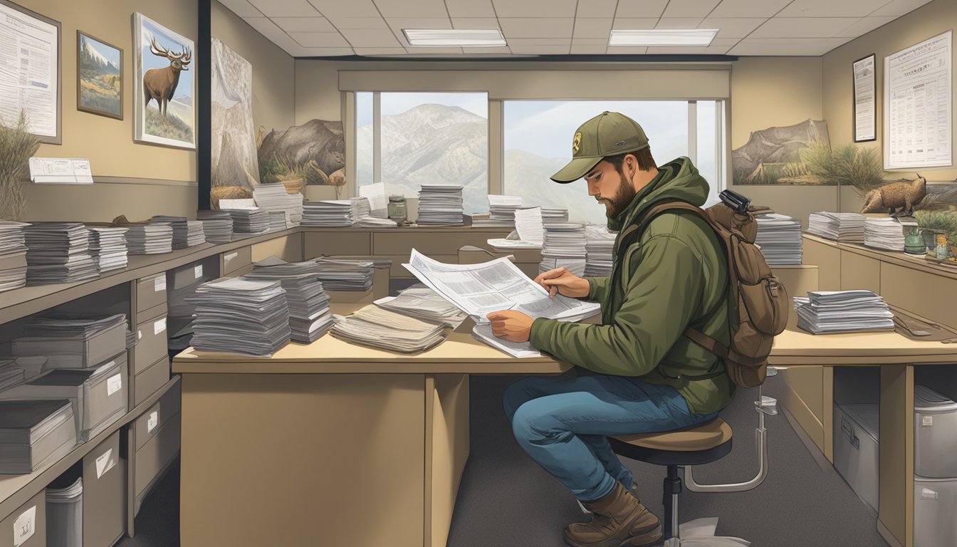 A hunter filling out paperwork at a Colorado Department of Wildlife office, surrounded by posters of local wildlife and hunting regulations