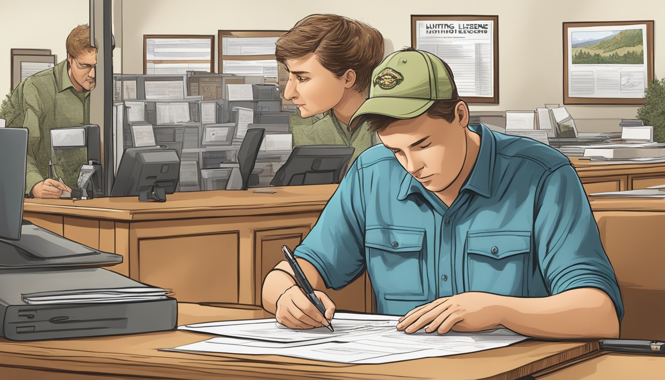 A person filling out a hunting license application at a government office in Iowa