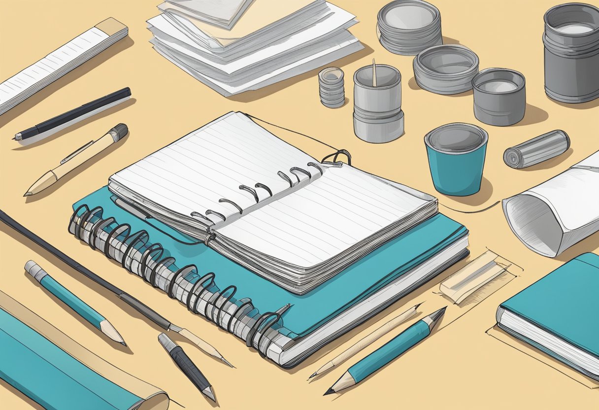 A hand-drawn notebook being assembled with paper, cover, and binding materials laid out on a table