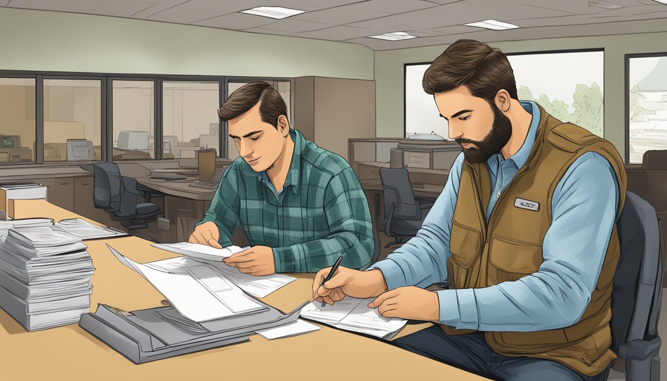 A hunter filling out paperwork at a Colorado Division of Wildlife office, while a clerk assists with the process