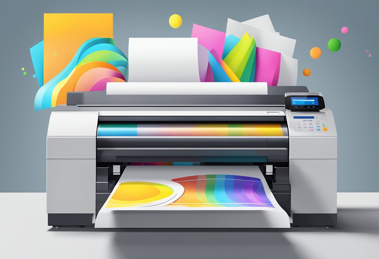 A digital printer with paper feeding through, producing a colorful image