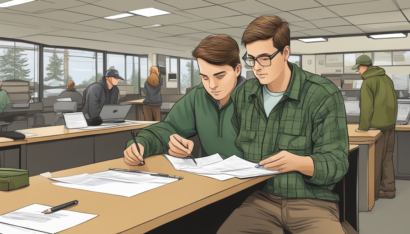 A person filling out a hunting license application at a Maine Department of Inland Fisheries and Wildlife office