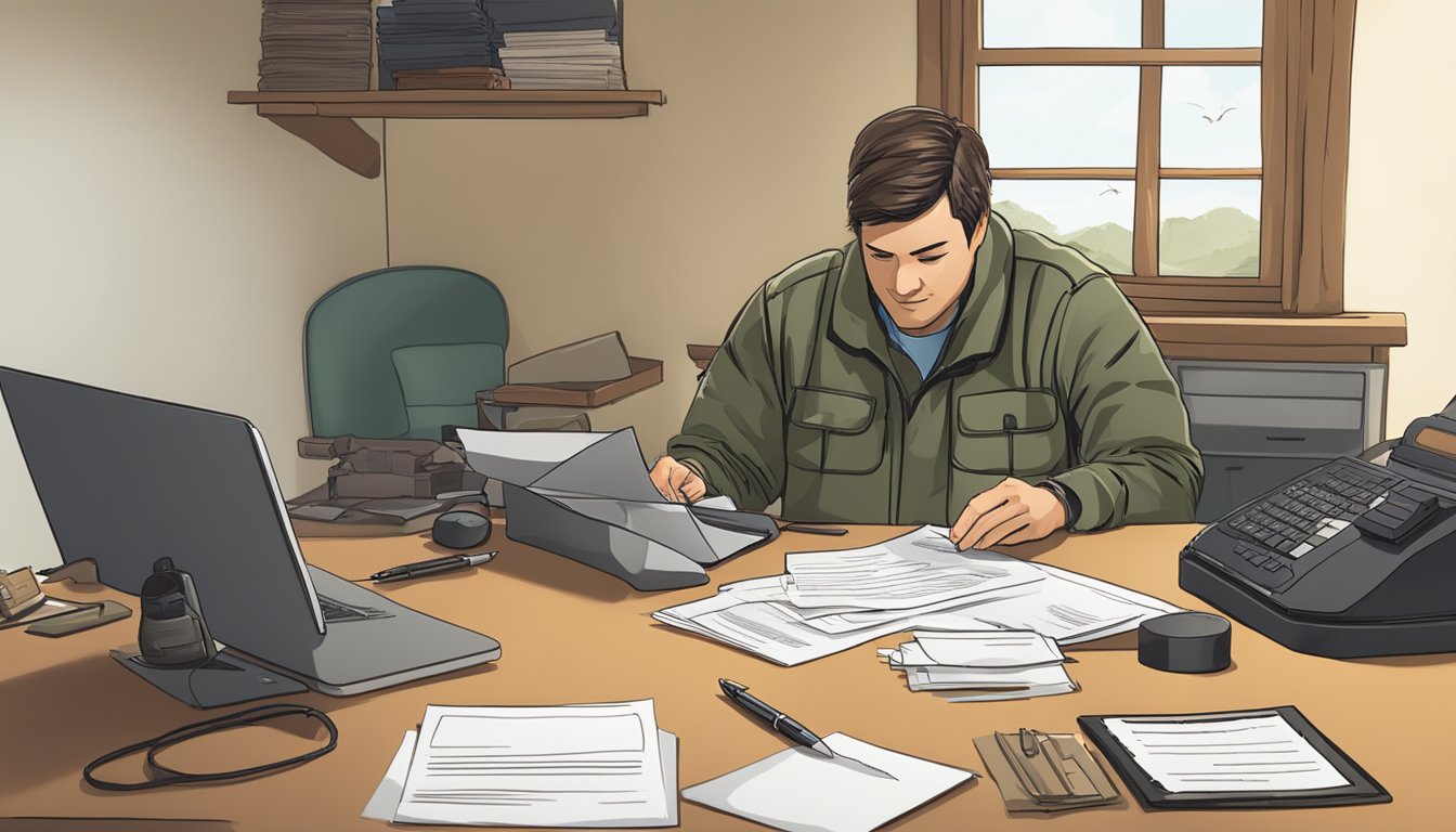 A person filling out a hunting license application at a desk with a computer, pen, and documents. The desk is in a well-lit room with hunting gear visible in the background