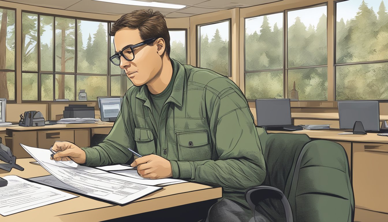 A person filling out a hunting license application at a California Department of Fish and Wildlife office