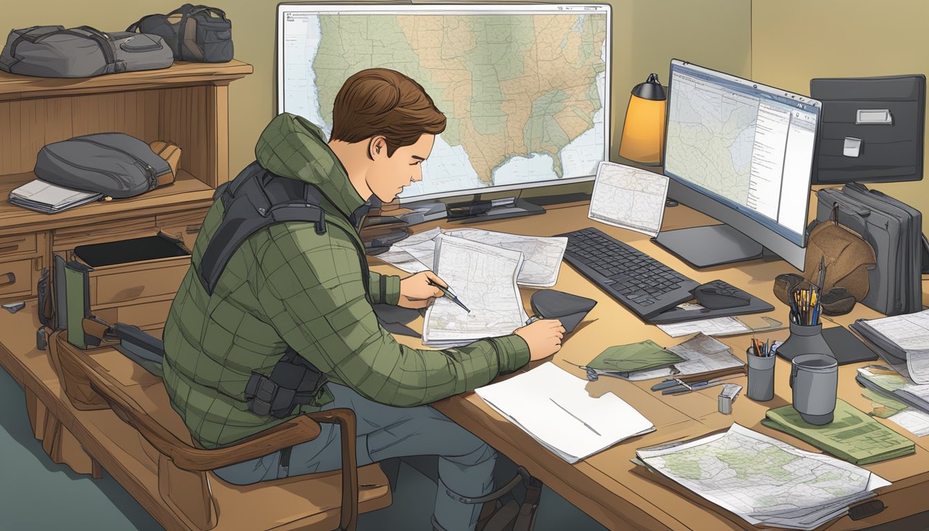 A hunter filling out a Massachusetts hunting license application at a desk with a computer and paperwork, surrounded by hunting gear and a map of the state