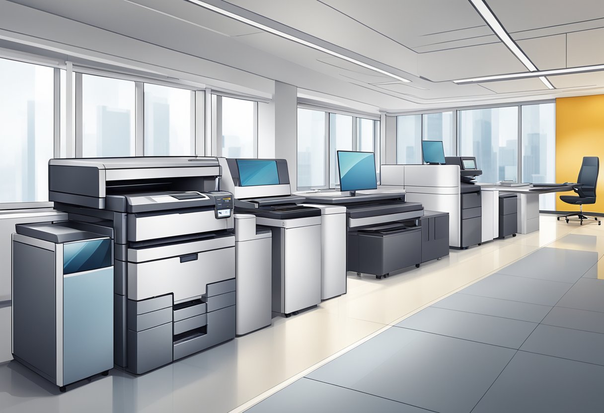 A modern digital printer in a sleek office setting, producing high-quality printed materials with precision and efficiency