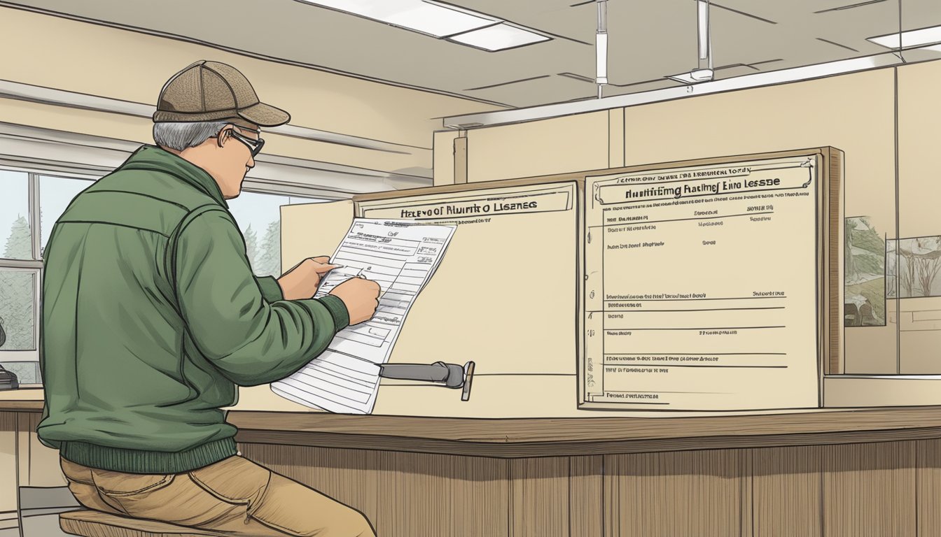 A person filling out a hunting license application at a Maine Department of Inland Fisheries and Wildlife office