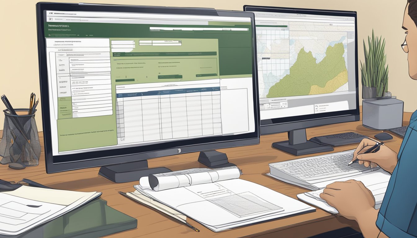 A person filling out a hunting license application at a desk with a computer, pen, and relevant documents