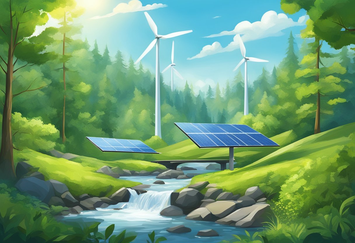 A lush forest with a clear stream, a solar panel, and a wind turbine, all surrounded by clean air and blue skies