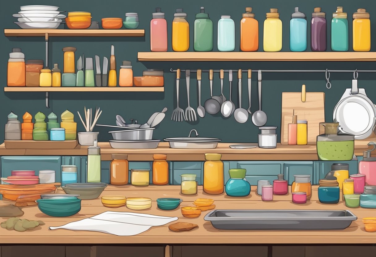 A cozy kitchen with a variety of colorful wax, molds, fragrances, and wicks laid out on a clean, organized workspace, ready to be transformed into homemade candles