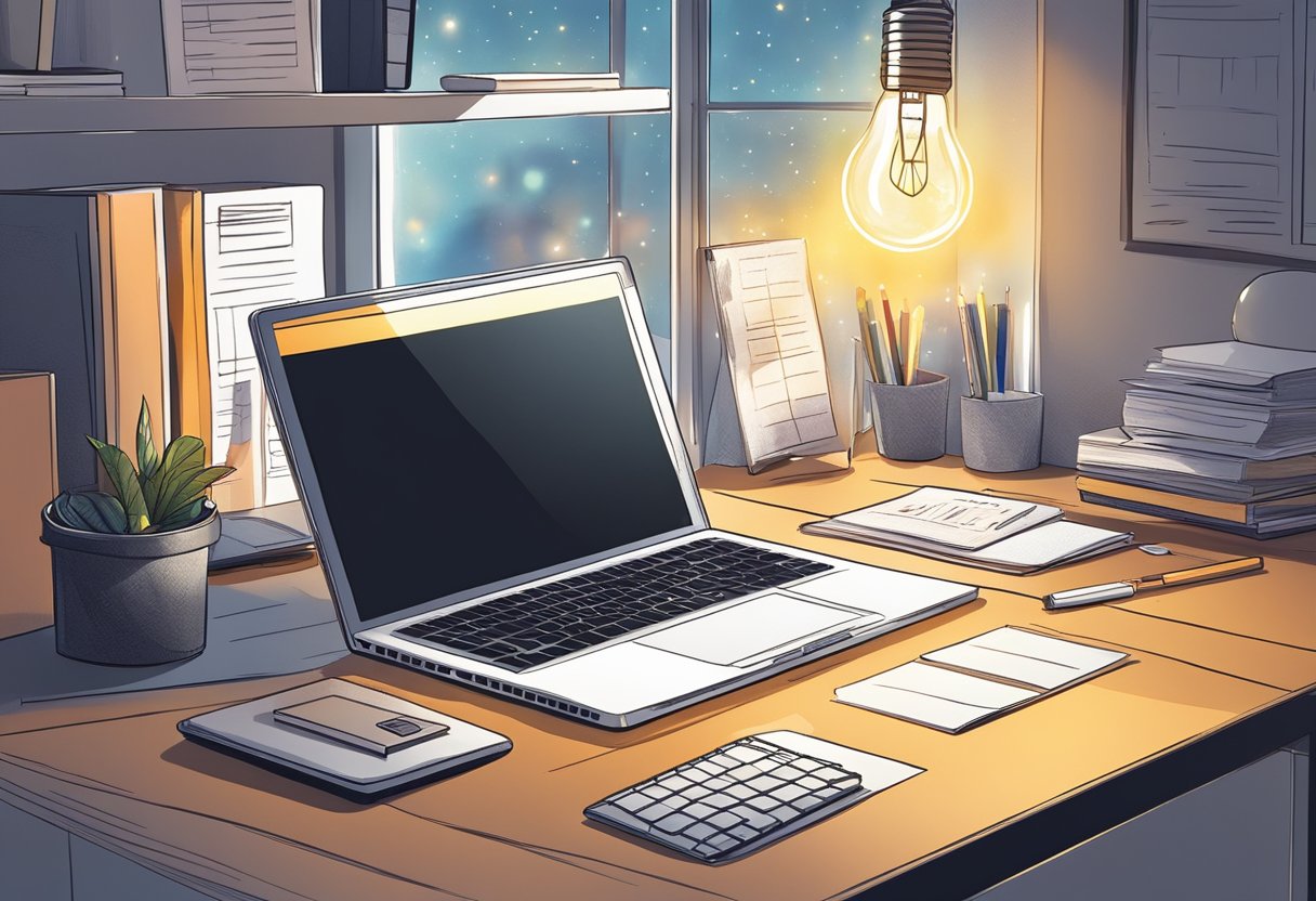 A laptop with a glowing screen sits on a desk, surrounded by a clutter of papers and office supplies. A light bulb dangles overhead, casting a warm glow on the scene